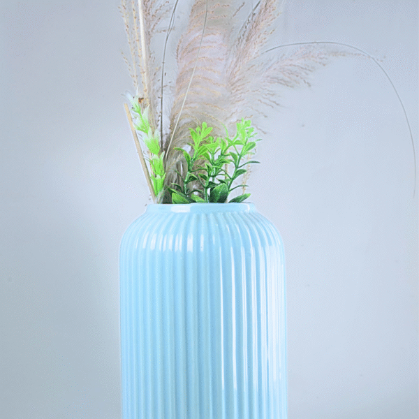 Minimalist Sky Blue Ceramic Vase with Pampas & Green Foliage