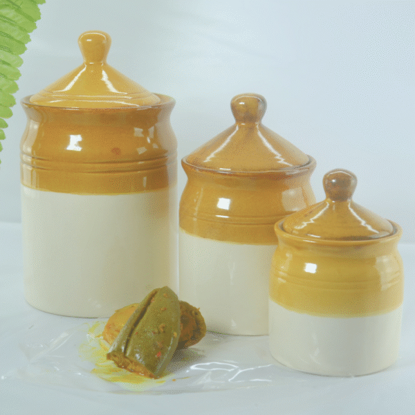 Ceramic Pickle Jar Set of 3, Traditional Bharani Storage Containers, Brown & White, Small Medium Large
