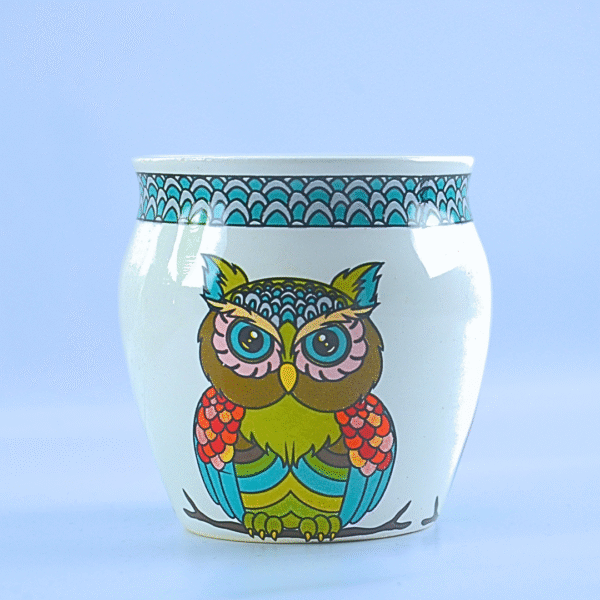 Decorative Ceramic Cup with Hand-Painted Owl Design, White and Turquoise Pattern, 12 cm