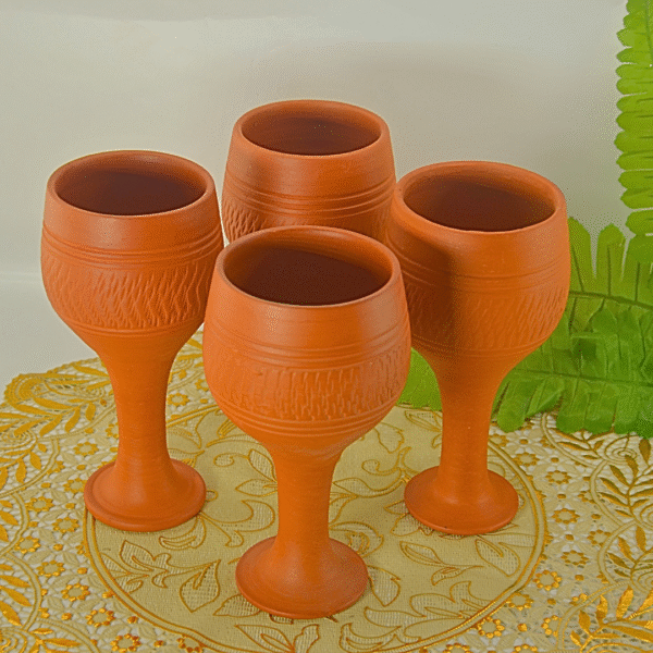 Handcrafted Terracotta Drinkware Set, 4-Piece Traditional Clay Goblets and Vessels, Orange