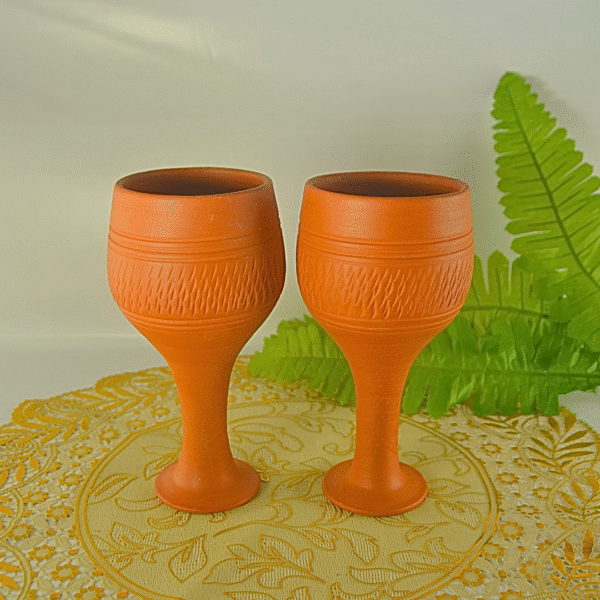 Handcrafted Terracotta Wine Glass Set of 2, Traditional Indian Pottery, Carved Texture Design