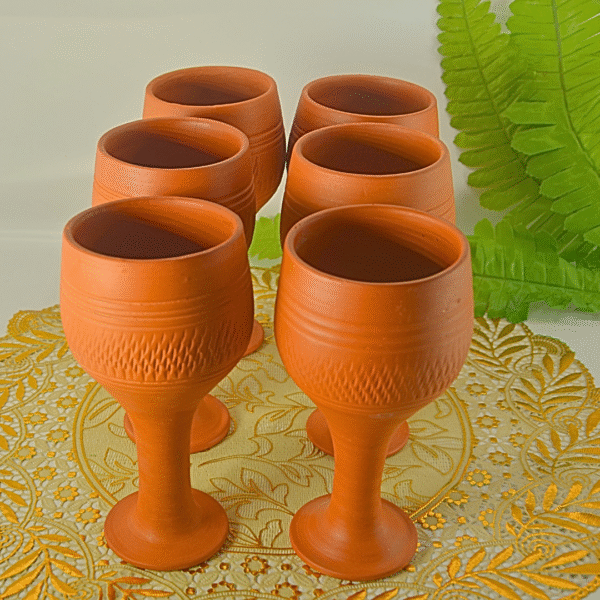 Handcrafted Terracotta Wine Goblets, Set of 6, Traditional Clay Drinking Cups with Textured Design, Natural Brown