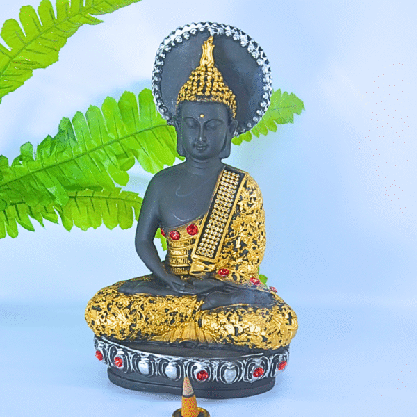 Decorative Buddha Statue, Matte Black and Gold Finish, with Embellishments, Meditation Home Decor