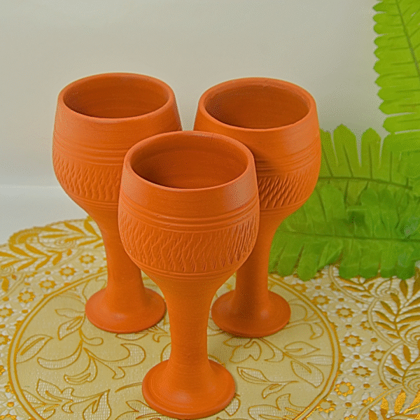 Handcrafted Terracotta Wine Goblets, Set of 3, Traditional Carved Design, Clay Stemware