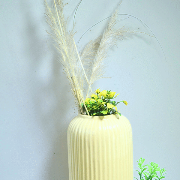 Pastel Yellow Ribbed Ceramic Vase with Pampas & Yellow Floral Arrangement