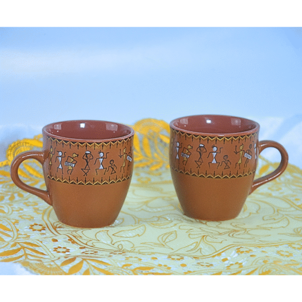 Handcrafted Warli Art Ceramic Coffee Cups, Traditional Indian Tribal Design, Brown, Set of 2