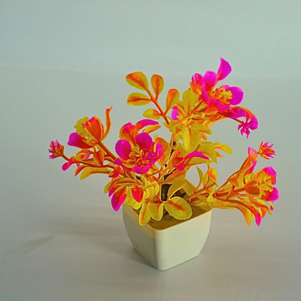 Artificial Neon Pink and Yellow Plant in White Ceramic Pot, Modern Contemporary Decorative Faux Plant, Indoor Use, Maintenance-Free