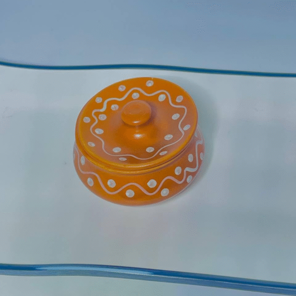 Decorative Ceramic Storage Jar with Lid, Orange with White Dots and Wave Pattern, Traditional Design