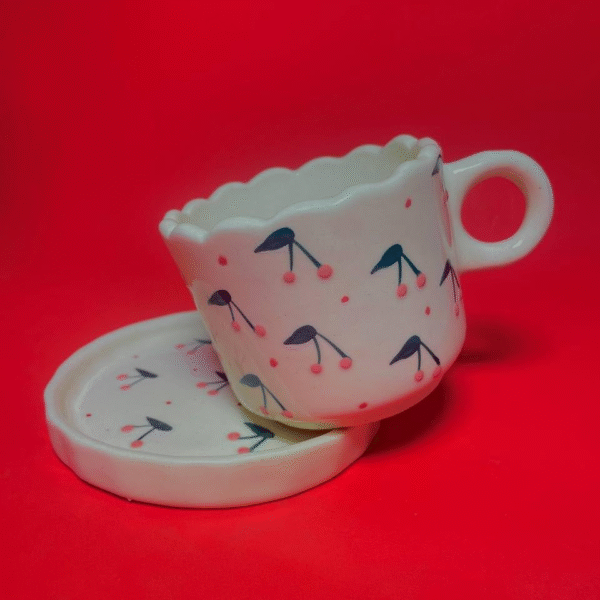 Ceramic Tea Cup and Saucer Set with Cherry Blossom Pattern, White with Pink and Navy Design, Scalloped Edge
