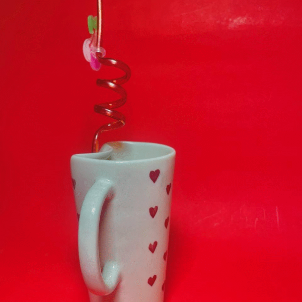Valentine's Day Ceramic Coffee Mug with Red Hearts Pattern, White, with Decorative Charms
