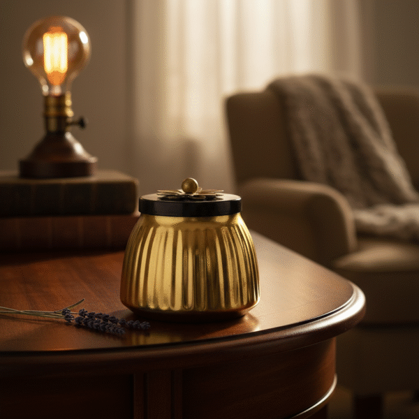 Elegant Hammered Texture Metal Container with a Decorative Flower-Shaped lid Design and Smooth Golden Finish That adds Sophistication to Any Space