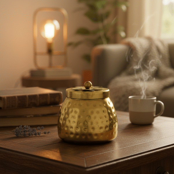 Decorative Gold Metal Storage Container with Hammered Texture, Flower Lid Design, Small Round Jar
