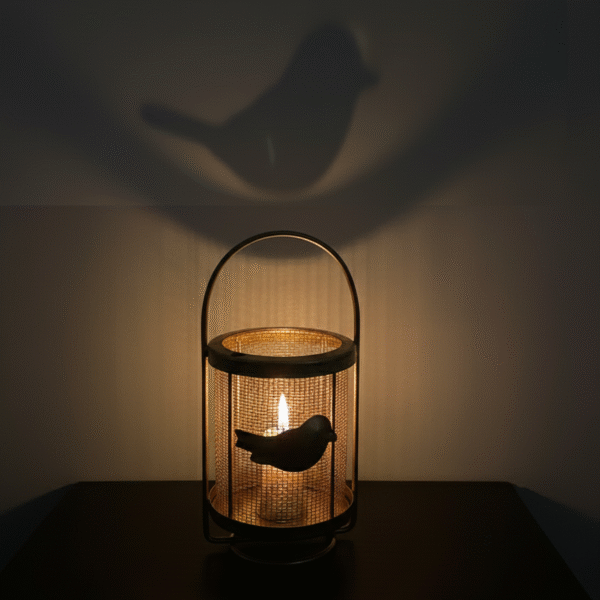 Decorative Metal Bird Candle Holder, Golden Mesh Design with Shadow Effect, Portable Lantern