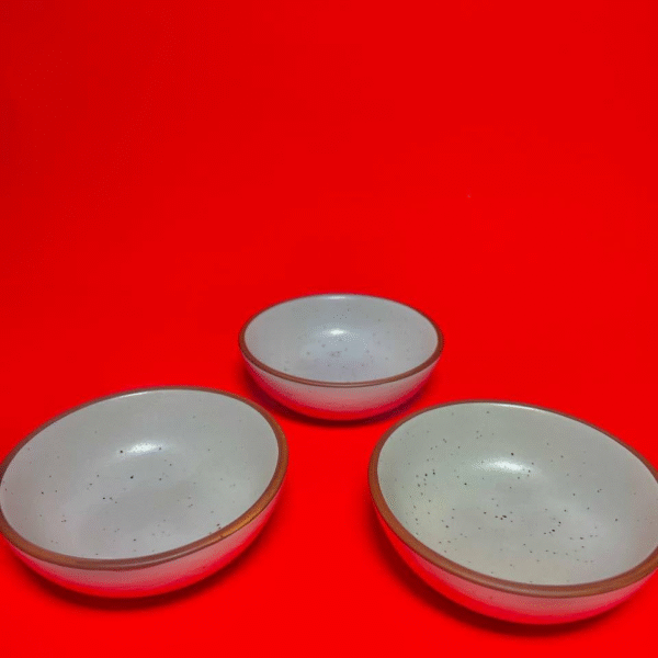 Ceramic Serving Bowls, White Speckled, Brown Rim, Set of 3