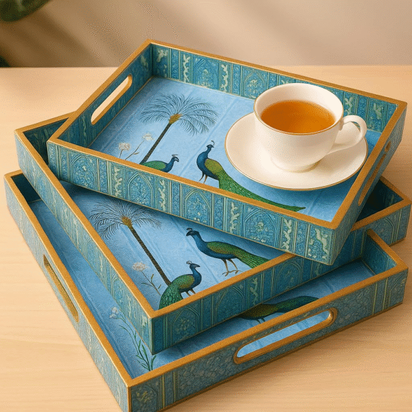 Decorative Wooden Serving Trays Set, Peacock Paradise Design with Gold Trim, 3-Piece Nesting Trays