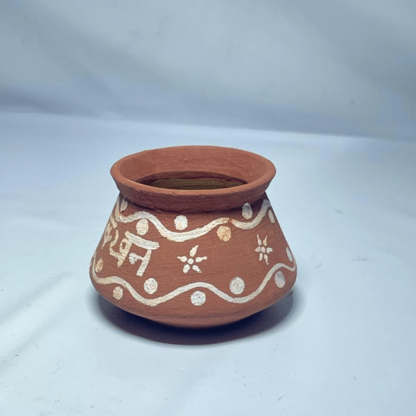 Handcrafted Terracotta Decorative Pot with Traditional White Pattern, Brown