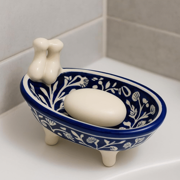 Decorative Ceramic Soap Dish, Bathtub Design with Torso Sculpture, Blue and White Floral Pattern
