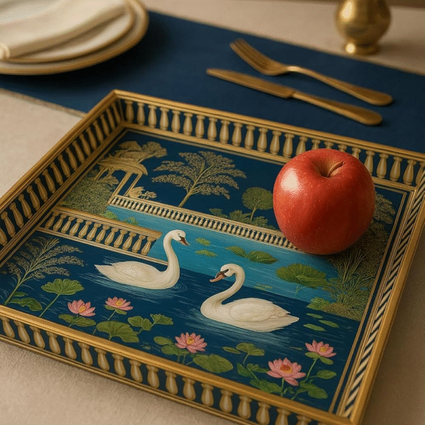 Decorative Swan Lake Serving Tray, Gold-Trimmed Frame, Navy Blue Design with Lotus Pattern, 35 x 25 cm