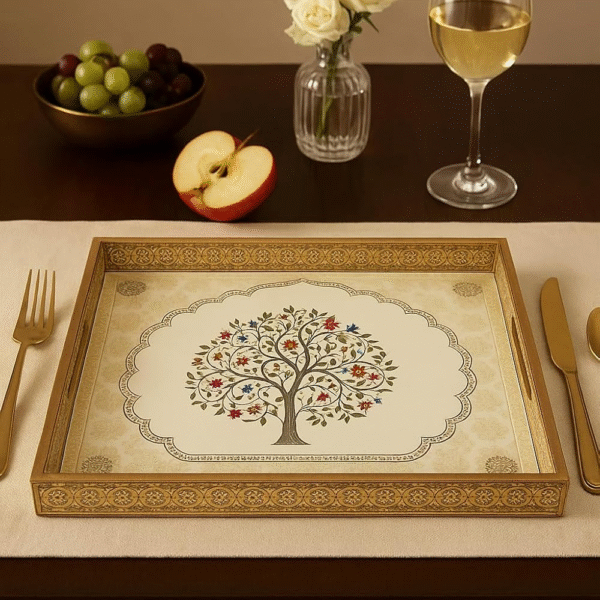 Decorative Wooden Serving Tray Set with Tree of Life Design, Gold Border, 3-Piece Nesting Storage Boxes