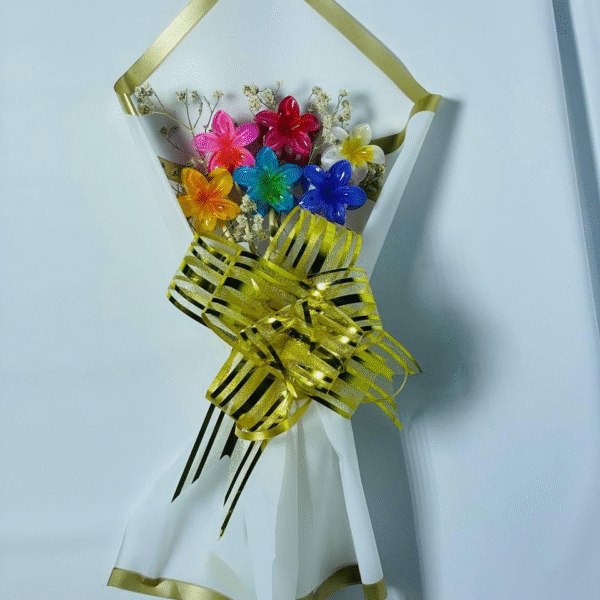 Cleature Baque Rainbow Paper Flower Bouquet, Handcrafted Artificial Flowers with Gold Ribbon, White Presentation Wrap, 35 cm