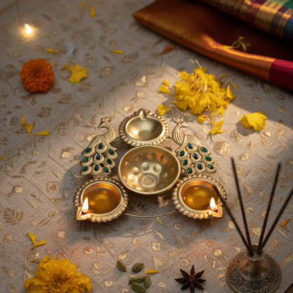 Decorative Brass Puja Thali Set with Peacock Design,Diya Holders, Blue and Green Gemstone Accents
