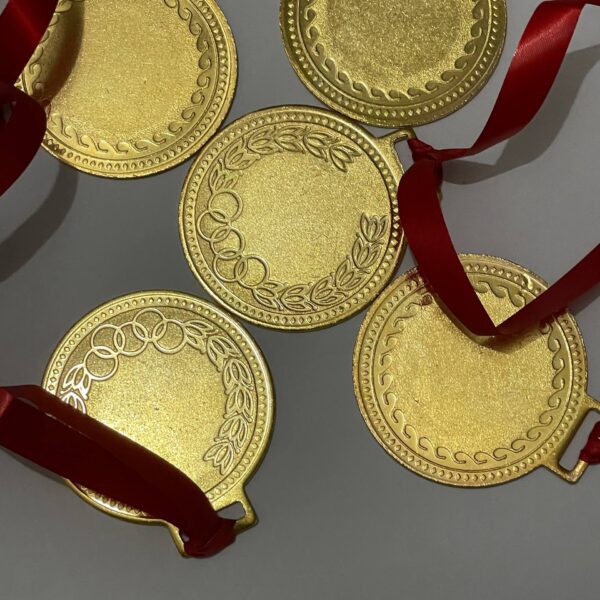 Commemorative Medal Set with Red Ribbons, 5-Piece Gold-Tone Collection, Olympic Style Sports Awards
