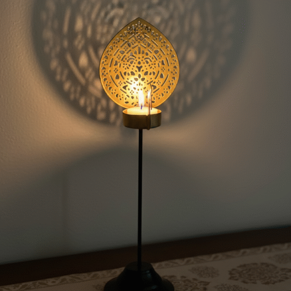 Decorative Metal Tea Light Candle Holder with Cutwork Pattern, Golden with Black Stand