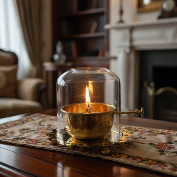 Traditional Brass Oil Diya with Glass Chimney Cover, Adjustable Wick Holder, Decorative Base for Pooja and Home Décor