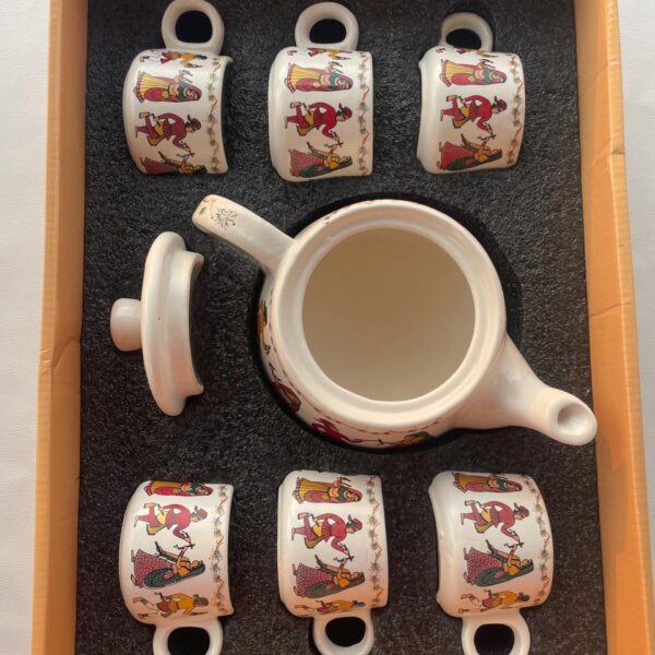 Handcrafted Warli Art Ceramic Tea Set – 1 Teapot & 6 Cups | Traditional Indian Design