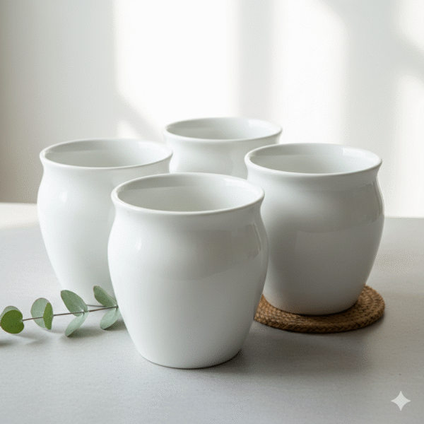 Porcelain Barrel Tea Cups, Set of 4, Modern White, Handleless Design