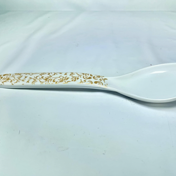Ceramic Soup Spoon with Gold Floral Pattern, White, Deep Bowl Design