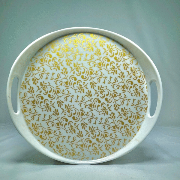 Decorative Round Serving Tray with Gold Floral Pattern, White Plastic with Handles