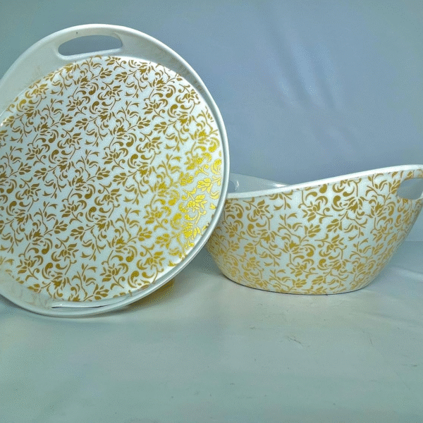 Elegant Serving Set with Gold Floral Pattern, 2-Piece, White and Gold, Bowl and Tray with Handles