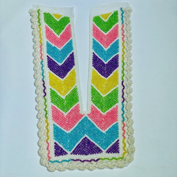 Handcrafted Beaded Neck Patch, Chevron Pattern with Pink Blue Purple Green Yellow Beads, Crochet Lace Border, Indian Traditional Clothing Embellishment