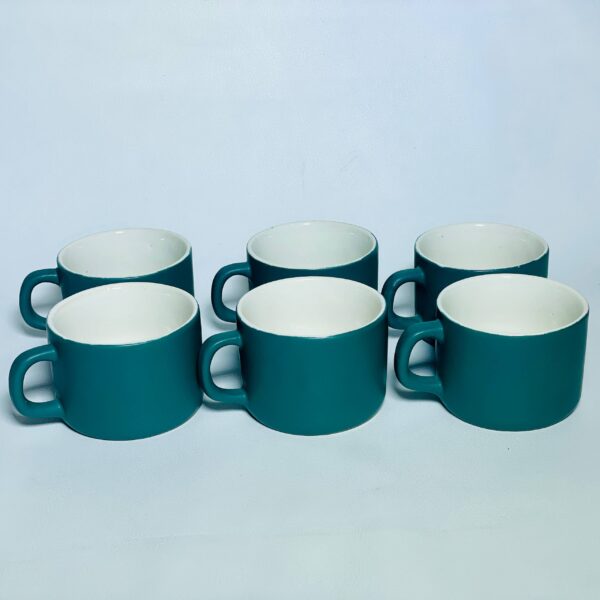 Modern Ceramic Coffee Mugs, Teal Matte Finish, White Interior, Cylindrical Shape, Set of 6 Cups for Daily Use and Entertaining