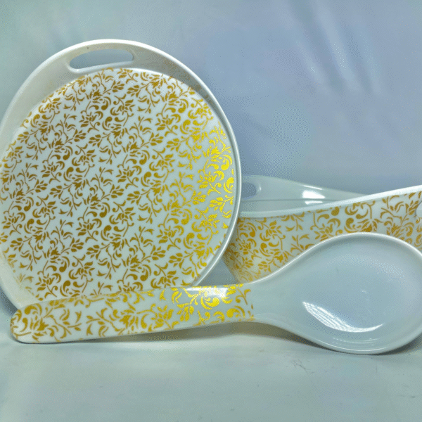 Elegant 3-Piece Serving Set with Gold Floral Pattern, White Oval Tray, Bowl and Ladle, Decorative Dinnerware Collection