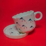 Cute Cherry Print Ceramic Cup and Saucer Set