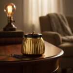 Golden Metallic Decorative Jar, Gold Finish, Black Lid with Floral Knob
