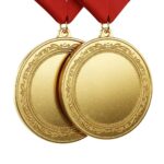 Blank Gold Medal with Red Ribbon, Embossed Olive Wreath Border - Image 2