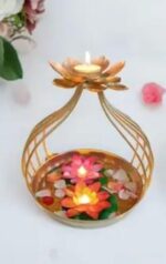 Lotus Flower Tealight Candle Holder with Urli Bowl, Gold, Dual-Tier Floating Diya Decor - Image 4