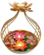 Lotus Flower Tealight Candle Holder with Urli Bowl, Gold, Dual-Tier Floating Diya Decor - Image 3