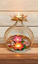 Lotus Flower Tealight Candle Holder with Urli Bowl, Gold, Dual-Tier Floating Diya Decor - Image 2
