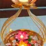 Lotus Flower Tealight Candle Holder with Urli Bowl, Gold, Dual-Tier Floating Diya Decor
