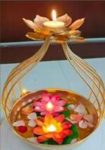 Lotus Flower Tealight Candle Holder with Urli Bowl, Gold, Dual-Tier Floating Diya Decor
