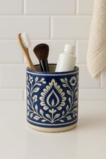 Traditional Hand-Painted Ceramic Toothbrush Holder - Blue & White Floral Pottery Tumbler for Bathroom