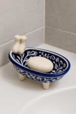 Hand-Painted Blue & White Floral Pottery Soap Holder Tray for Bathroom